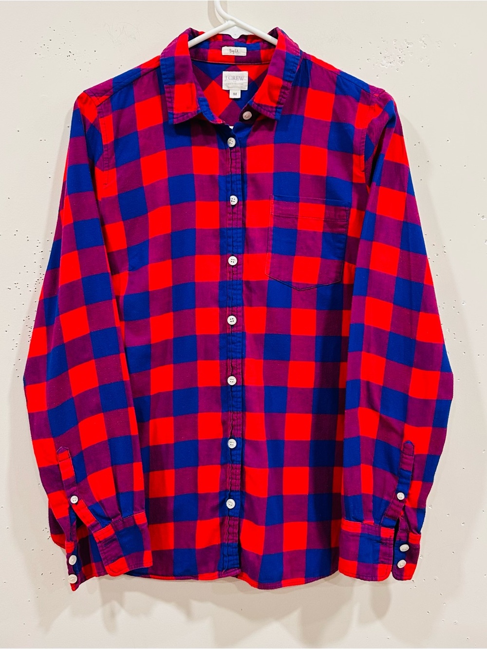 J. Crew Flannel Boy Fit Plaid Button Down Shirt Women's Medium M Red Blue Cotton